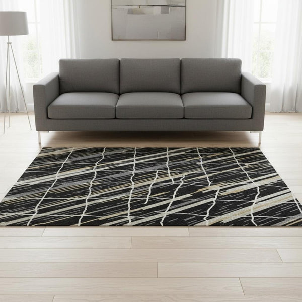 HomeRoots 5' X 8' Striped Area Rug in Black, Gold & Ivory - Durable, Washable, UV-Protected for Modern Homes 680465