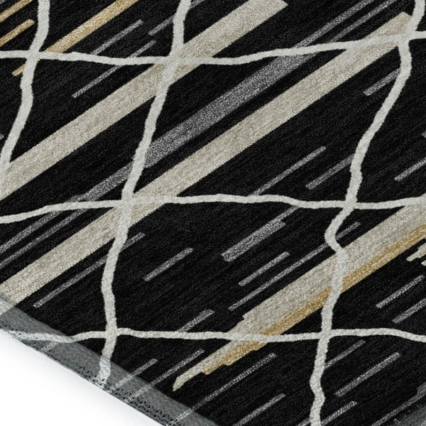 HomeRoots 5' X 8' Striped Area Rug in Black, Gold & Ivory - Durable, Washable, UV-Protected for Modern Homes 680465