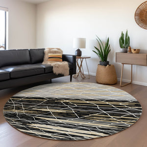 HomeRoots 8' Striped Round Rug in Black, Gold & Ivory – Washable, UV-Protected, Stylish for Active Homes 680466