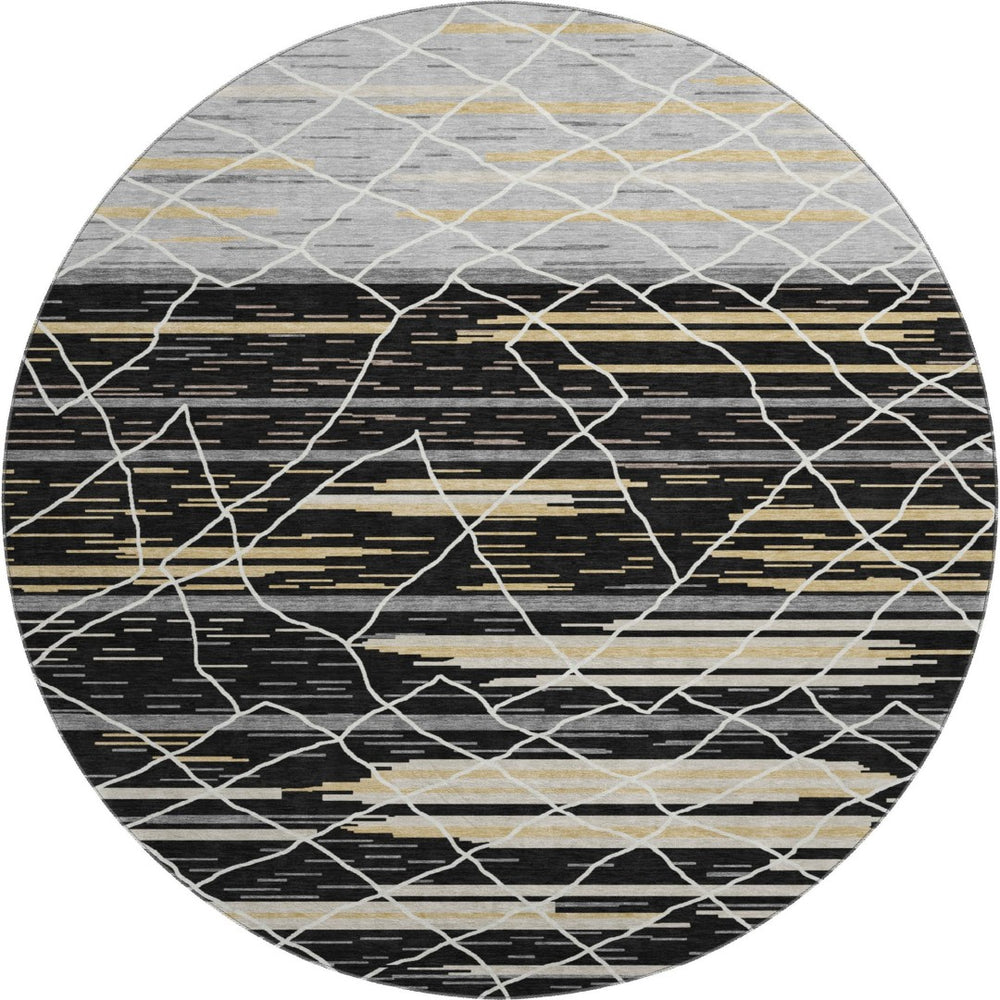 HomeRoots 8' Striped Round Rug in Black, Gold & Ivory – Washable, UV-Protected, Stylish for Active Homes 680466