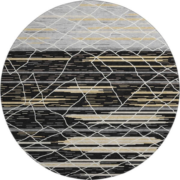 HomeRoots 8' Striped Round Rug in Black, Gold & Ivory – Washable, UV-Protected, Stylish for Active Homes 680466