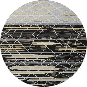 HomeRoots 8' Striped Round Rug in Black, Gold & Ivory – Washable, UV-Protected, Stylish for Active Homes 680466