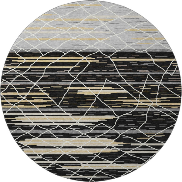 HomeRoots 8' Striped Round Rug in Black, Gold & Ivory – Washable, UV-Protected, Stylish for Active Homes 680466