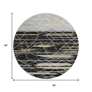 HomeRoots 8' Striped Round Rug in Black, Gold & Ivory – Washable, UV-Protected, Stylish for Active Homes 680466