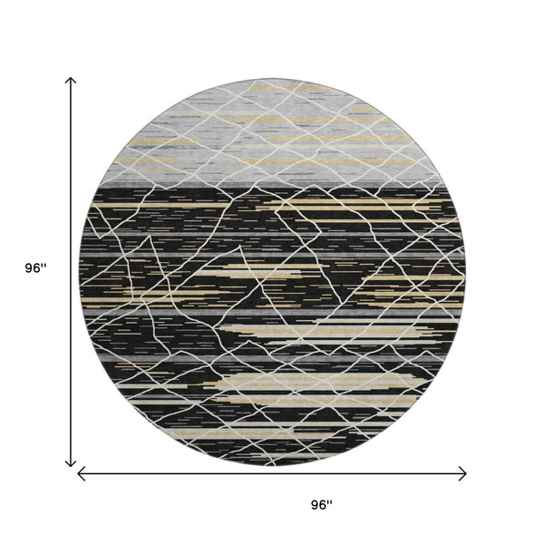 HomeRoots 8' Striped Round Rug in Black, Gold & Ivory – Washable, UV-Protected, Stylish for Active Homes 680466