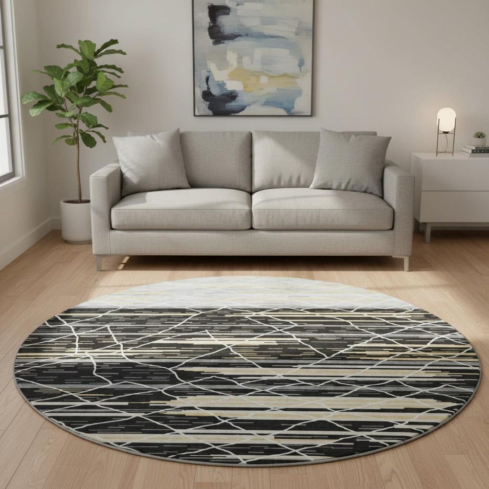 HomeRoots 8' Striped Round Rug in Black, Gold & Ivory – Washable, UV-Protected, Stylish for Active Homes 680466