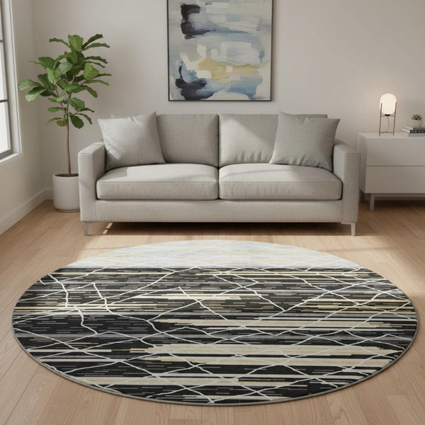 HomeRoots 8' Striped Round Rug in Black, Gold & Ivory – Washable, UV-Protected, Stylish for Active Homes 680466