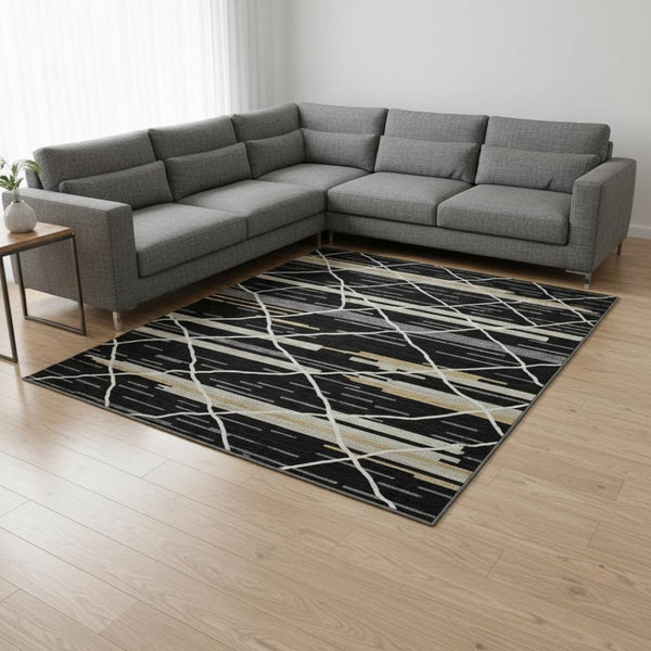 HomeRoots 8' X 10' Washable Black Gold Ivory Striped Area Rug - Durable, UV Protected, Stain Resistant Design! 680467