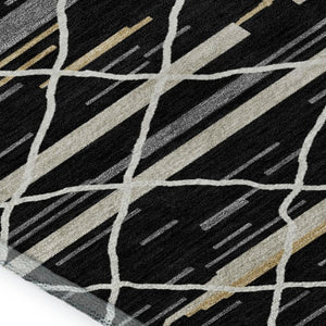 HomeRoots 8' X 10' Washable Black Gold Ivory Striped Area Rug - Durable, UV Protected, Stain Resistant Design! 680467