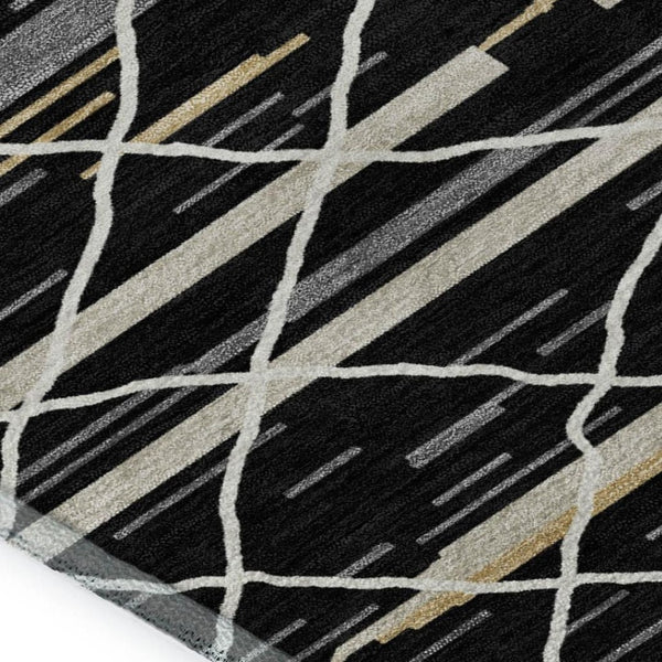 HomeRoots 8' X 10' Washable Black Gold Ivory Striped Area Rug - Durable, UV Protected, Stain Resistant Design! 680467