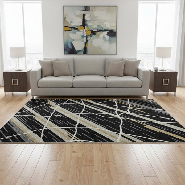 HomeRoots 9' X 12' Striped Area Rug in Black, Gold & Ivory - Washable, UV Protected, Stain Resistant Design 680468