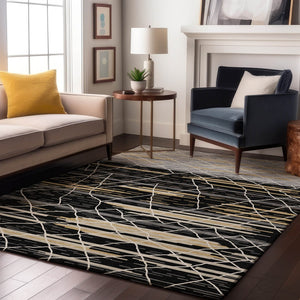 HomeRoots 9' X 12' Striped Area Rug in Black, Gold & Ivory - Washable, UV Protected, Stain Resistant Design 680468