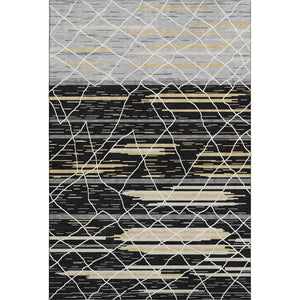 HomeRoots 9' X 12' Striped Area Rug in Black, Gold & Ivory - Washable, UV Protected, Stain Resistant Design 680468