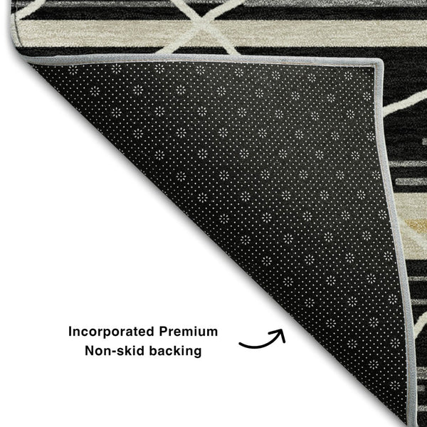 HomeRoots 9' X 12' Striped Area Rug in Black, Gold & Ivory - Washable, UV Protected, Stain Resistant Design 680468