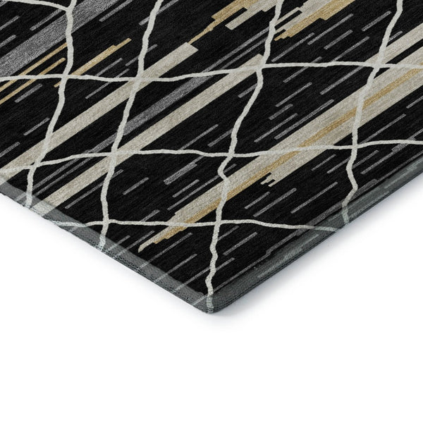 HomeRoots 9' X 12' Striped Area Rug in Black, Gold & Ivory - Washable, UV Protected, Stain Resistant Design 680468