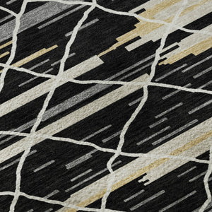 HomeRoots 9' X 12' Striped Area Rug in Black, Gold & Ivory - Washable, UV Protected, Stain Resistant Design 680468