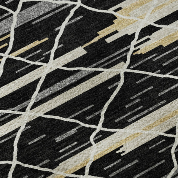 HomeRoots 9' X 12' Striped Area Rug in Black, Gold & Ivory - Washable, UV Protected, Stain Resistant Design 680468