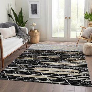 HomeRoots 9' X 12' Striped Area Rug in Black, Gold & Ivory - Washable, UV Protected, Stain Resistant Design 680468