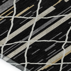 HomeRoots 9' X 12' Striped Area Rug in Black, Gold & Ivory - Washable, UV Protected, Stain Resistant Design 680468