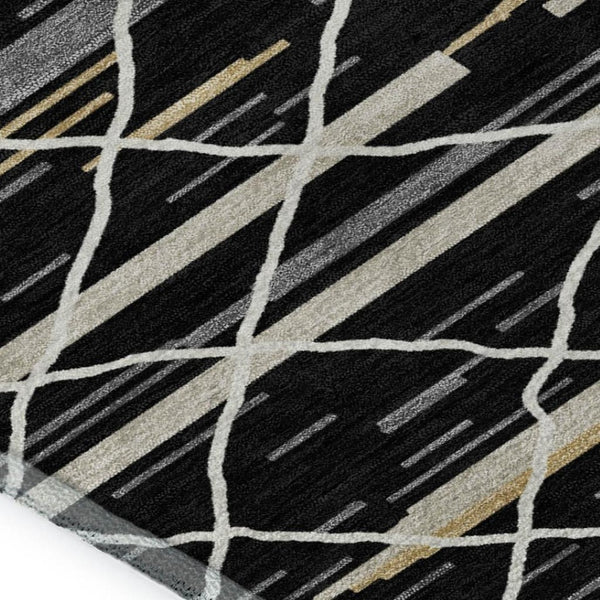 HomeRoots 9' X 12' Striped Area Rug in Black, Gold & Ivory - Washable, UV Protected, Stain Resistant Design 680468