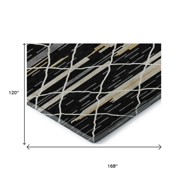 HomeRoots 10' X 14' Striped Washable Area Rug in Black, Gold & Ivory - UV Protected, Stain Resistant, Durable Design 680469