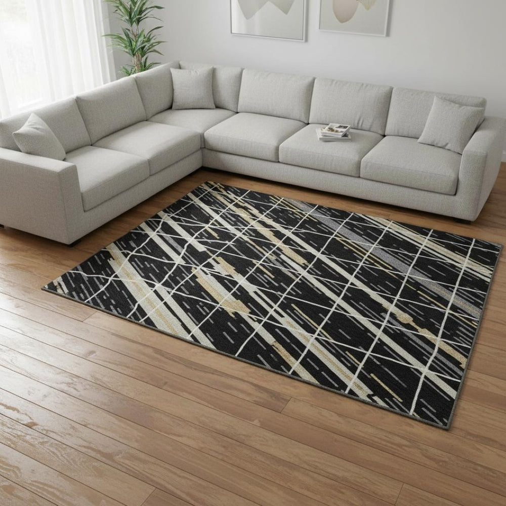 HomeRoots 10' X 14' Striped Washable Area Rug in Black, Gold & Ivory - UV Protected, Stain Resistant, Durable Design 680469