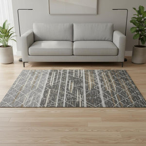 HomeRoots 5' x 8' Charcoal Gray and Brown Striped Washable Area Rug - Durable, UV-Protected, Easy Care! 680471
