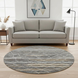 HomeRoots 8' Charcoal Gray & Brown Striped Washable Round Rug - Durable, UV-Protected, Perfect for High-Traffic Spaces 680472