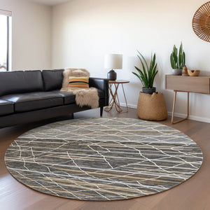 HomeRoots 8' Charcoal Gray & Brown Striped Washable Round Rug - Durable, UV-Protected, Perfect for High-Traffic Spaces 680472