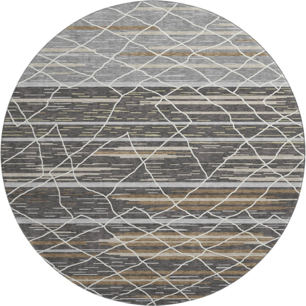 HomeRoots 8' Charcoal Gray & Brown Striped Washable Round Rug - Durable, UV-Protected, Perfect for High-Traffic Spaces 680472