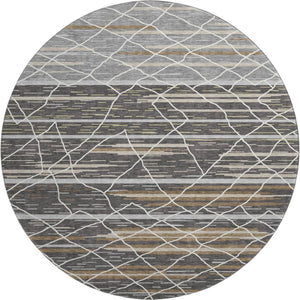 HomeRoots 8' Charcoal Gray & Brown Striped Washable Round Rug - Durable, UV-Protected, Perfect for High-Traffic Spaces 680472