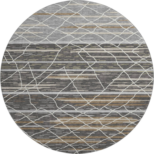HomeRoots 8' Charcoal Gray & Brown Striped Washable Round Rug - Durable, UV-Protected, Perfect for High-Traffic Spaces 680472