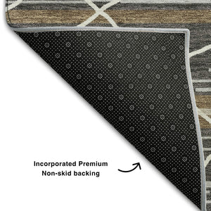 HomeRoots 8' Charcoal Gray & Brown Striped Washable Round Rug - Durable, UV-Protected, Perfect for High-Traffic Spaces 680472