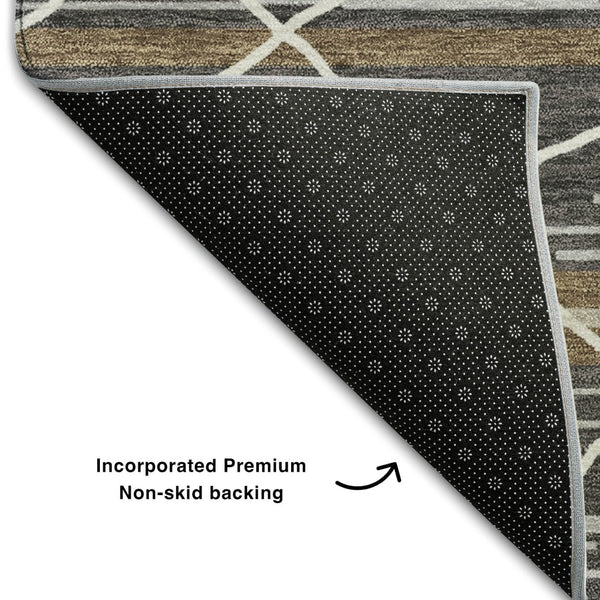 HomeRoots 8' Charcoal Gray & Brown Striped Washable Round Rug - Durable, UV-Protected, Perfect for High-Traffic Spaces 680472