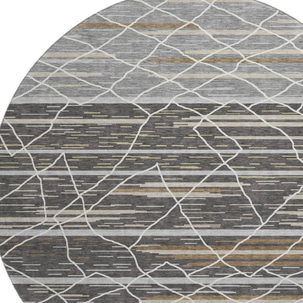 HomeRoots 8' Charcoal Gray & Brown Striped Washable Round Rug - Durable, UV-Protected, Perfect for High-Traffic Spaces 680472