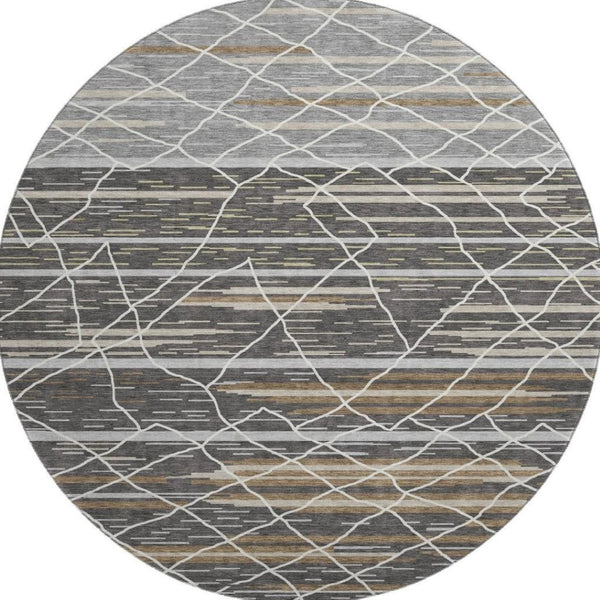 HomeRoots 8' Charcoal Gray & Brown Striped Washable Round Rug - Durable, UV-Protected, Perfect for High-Traffic Spaces 680472