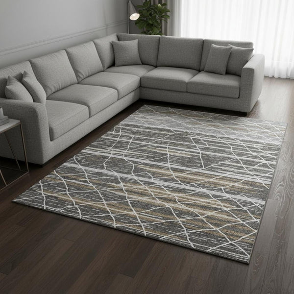 HomeRoots 8' X 10' Stylish Charcoal Gray & Brown Striped Washable Area Rug with UV Protection for Homes 680473