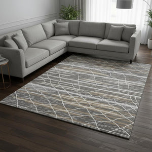 HomeRoots 9' X 12' Charcoal Gray & Brown Striped Washable Rug with UV Protection for Busy Homes & Families 680474