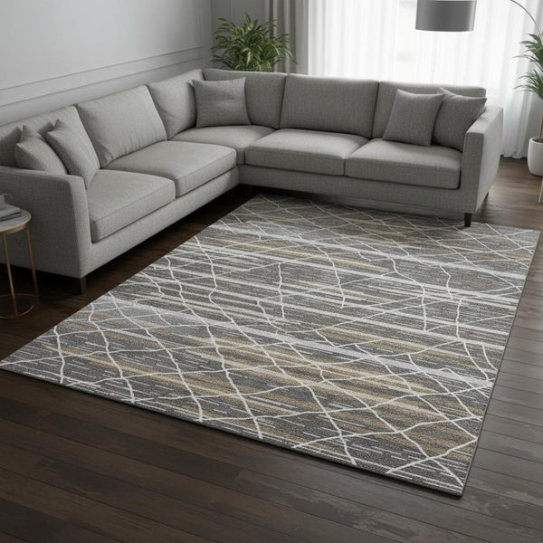 HomeRoots 9' X 12' Charcoal Gray & Brown Striped Washable Rug with UV Protection for Busy Homes & Families 680474