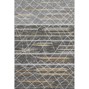 HomeRoots 9' X 12' Charcoal Gray & Brown Striped Washable Rug with UV Protection for Busy Homes & Families 680474