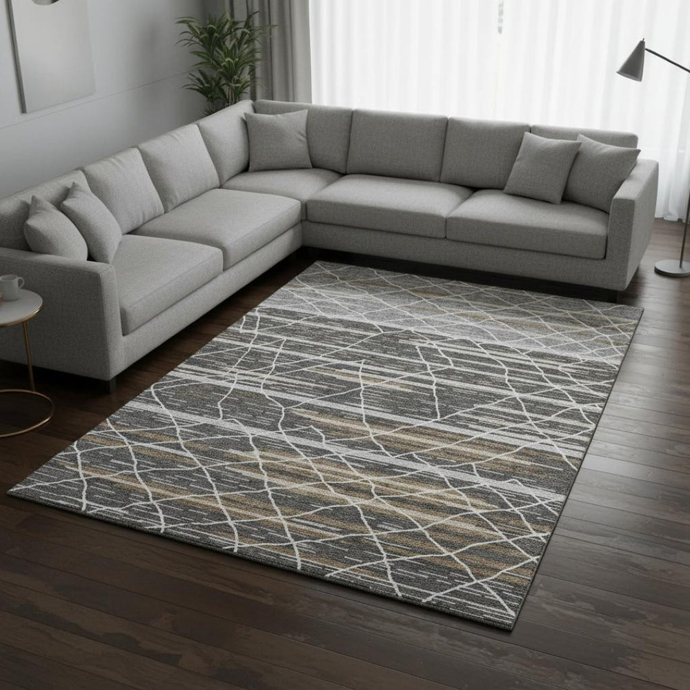 HomeRoots 10' Charcoal Gray & Brown Striped Washable Area Rug - UV Protected, Stain Resistant, Perfect for Families 680475