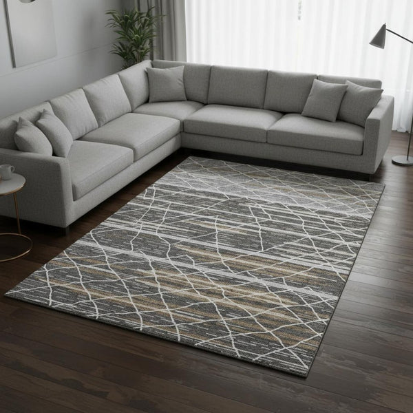 HomeRoots 10' Charcoal Gray & Brown Striped Washable Area Rug - UV Protected, Stain Resistant, Perfect for Families 680475