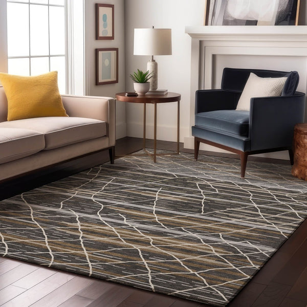 HomeRoots 10' Charcoal Gray & Brown Striped Washable Area Rug - UV Protected, Stain Resistant, Perfect for Families 680475
