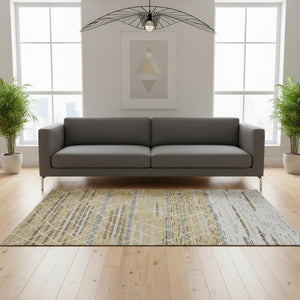 HomeRoots 5' X 8' Striped Gold Ivory and Gray Washable Area Rug with UV Protection for High-Traffic Spaces 680477