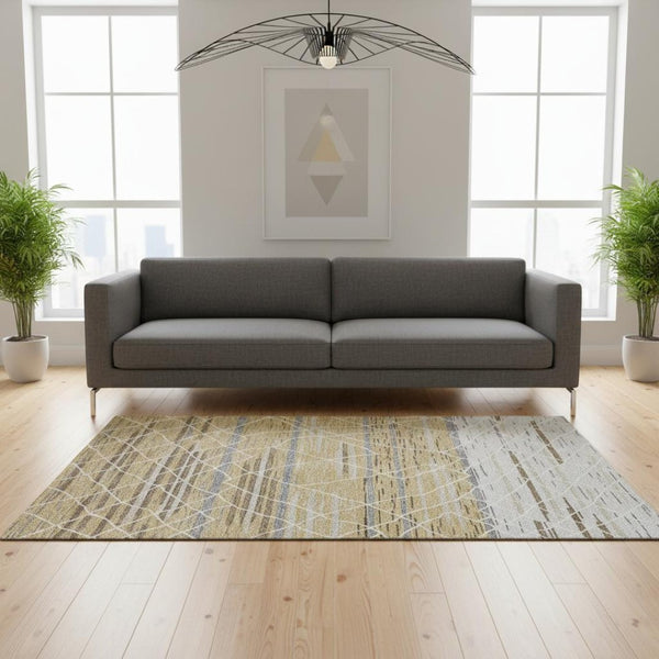 HomeRoots 5' X 8' Striped Gold Ivory and Gray Washable Area Rug with UV Protection for High-Traffic Spaces 680477