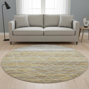 HomeRoots 8' Gold Ivory and Gray Striped Washable Round Rug - Durable, Stylish, UV-Protected for High Traffic Areas 680478