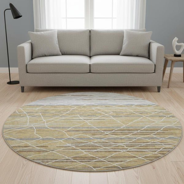 HomeRoots 8' Gold Ivory and Gray Striped Washable Round Rug - Durable, Stylish, UV-Protected for High Traffic Areas 680478