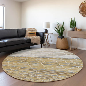 HomeRoots 8' Gold Ivory and Gray Striped Washable Round Rug - Durable, Stylish, UV-Protected for High Traffic Areas 680478
