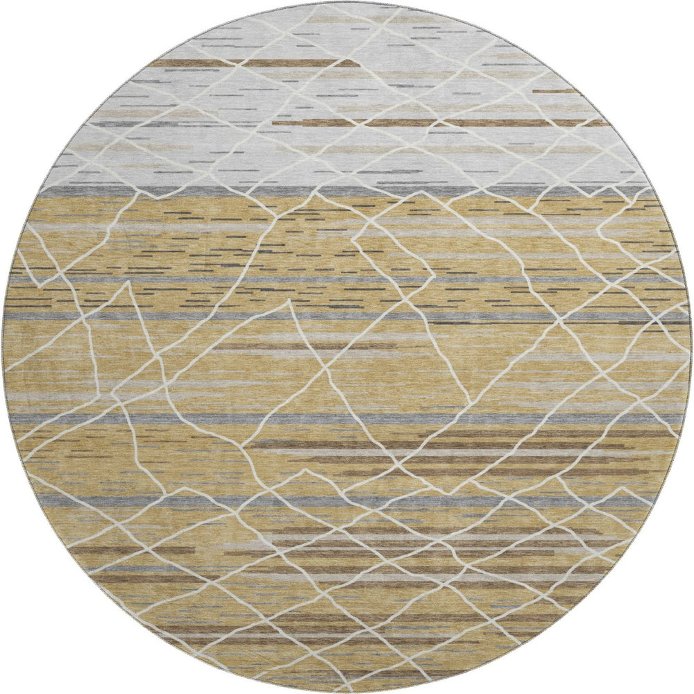 HomeRoots 8' Gold Ivory and Gray Striped Washable Round Rug - Durable, Stylish, UV-Protected for High Traffic Areas 680478