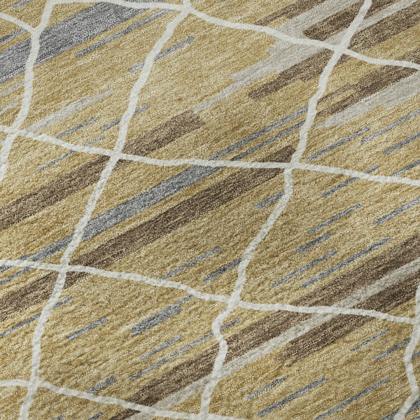 HomeRoots 8' Gold Ivory and Gray Striped Washable Round Rug - Durable, Stylish, UV-Protected for High Traffic Areas 680478